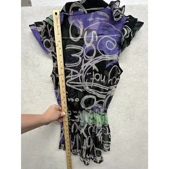 Desigual Top Womens Sz 36 Blouse Button Down Black Purple Graffiti Print Ruffles - Picture 6 of 8